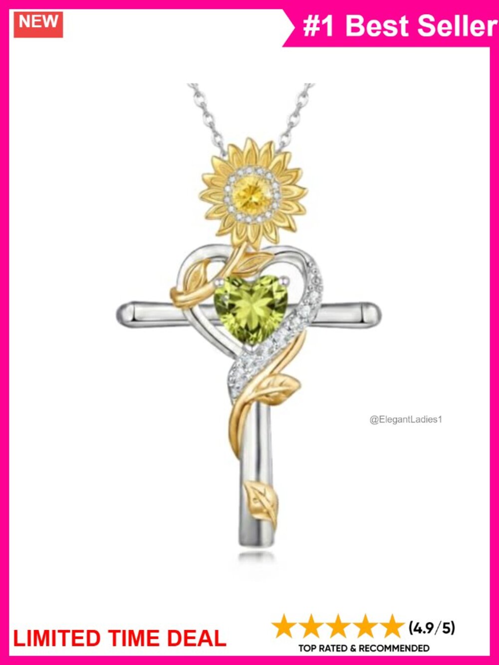 Sunflower Cross Necklace Birthstone Pendant Women Jewelry Gift
